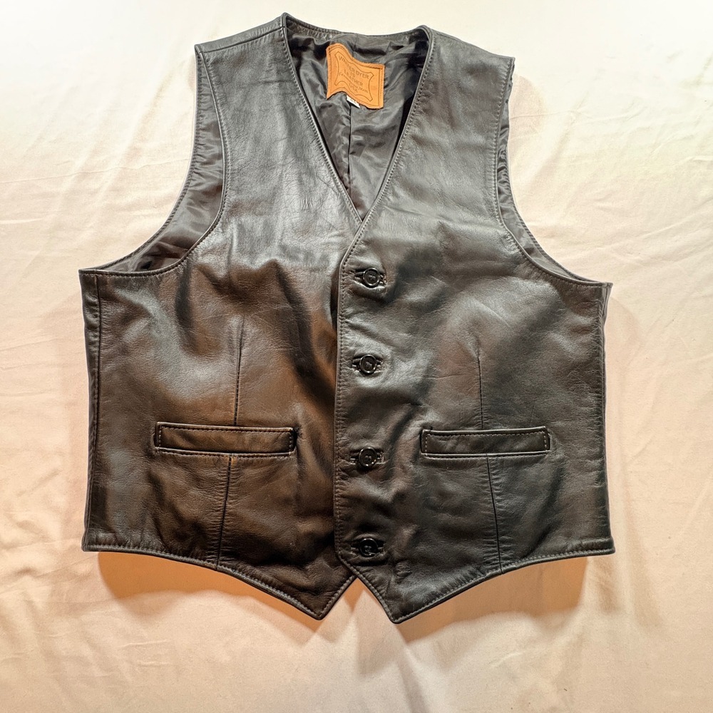Walter Dyer Leather Vest Mens 44 Black Biker Waistcoat Made in USA Button Front